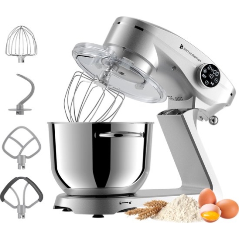 KitchenBrothers Keukenmachine - Touch Display en Timer - Keukenrobot - 6L - 1800W - Aluminium - Zilver