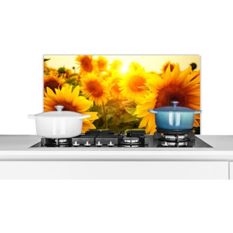 Spatscherm Keuken - Kookplaat Achterwand - Spatwand Fornuis - 80x40 cm - Zonnebloem - Geel - Bloemen - Zon - Aluminium - Wanddecoratie - Muurbeschermer - Hittebestendig