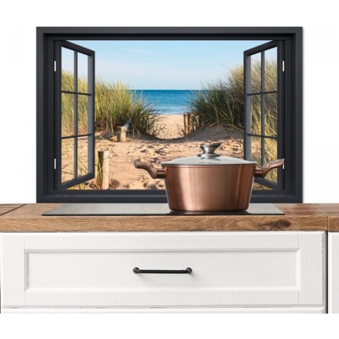 Spatscherm Keuken - Kookplaat Achterwand - Spatwand Fornuis - 80x55 cm - Doorkijk - Strand - Zee - Zand - Water - Helmgras - Duinen - Aluminium - Wanddecoratie - Muurbeschermer - Hittebestendig