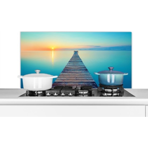 Spatscherm Keuken - Kookplaat Achterwand - Spatwand Fornuis - 100x50 cm - Zee - Zonsondergang - Steiger - Aluminium - Wanddecoratie - Muurbeschermer - Hittebestendig
