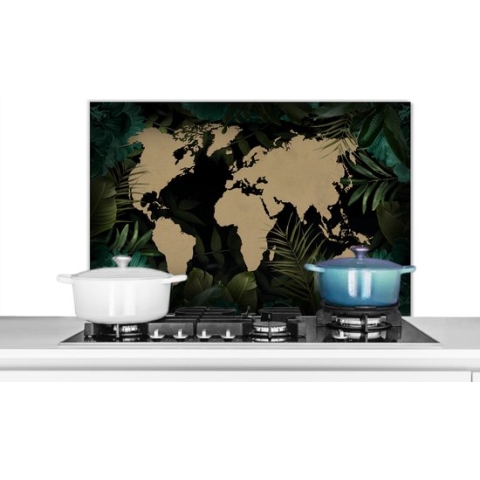 Spatscherm Keuken - Kookplaat Achterwand - Spatwand Fornuis - 90x60 cm - Wereldkaart - Zwart - Planten - Aluminium - Wanddecoratie - Muurbeschermer - Hittebestendig