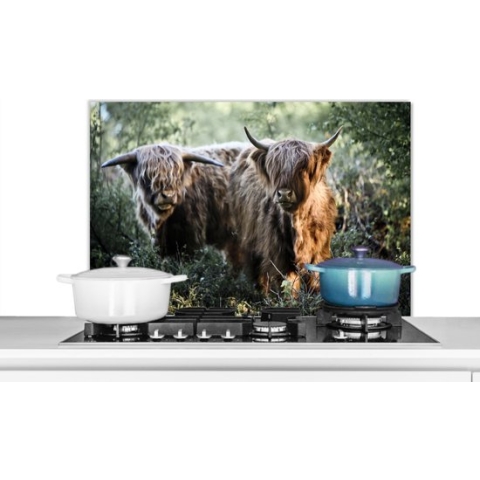 Spatscherm Keuken - Kookplaat Achterwand - Spatwand Fornuis - 90x60 cm - Schotse Hooglanders - Bos - Dieren - Aluminium - Wanddecoratie - Muurbeschermer - Hittebestendig