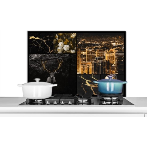 Spatscherm Keuken - Kookplaat Achterwand - Spatwand Fornuis - 90x60 cm - Collage - Meisje met de parel - Bloemen - Goud - Aluminium - Wanddecoratie - Muurbeschermer - Hittebestendig