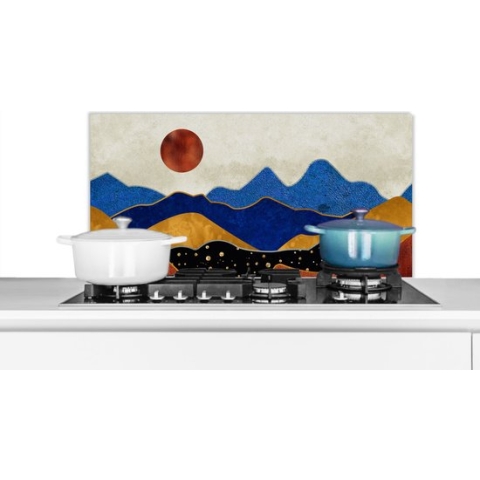Spatscherm Keuken - Kookplaat Achterwand - Spatwand Fornuis - 80x40 cm - Goud - Marmer - Blauw - Aluminium - Wanddecoratie - Muurbeschermer - Hittebestendig