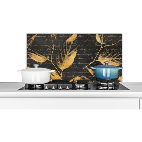 Spatscherm Keuken - Kookplaat Achterwand - Spatwand Fornuis - 90x45 cm - Goud - Bladeren - Zwart - Aluminium - Wanddecoratie - Muurbeschermer - Hittebestendig