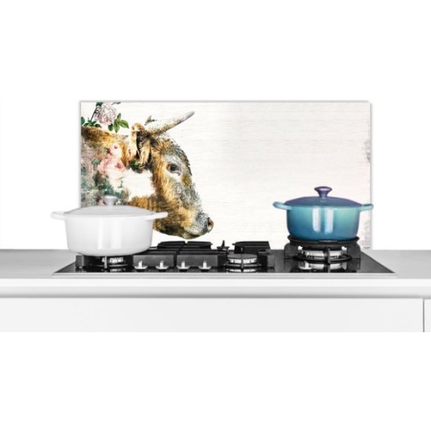 Spatscherm Keuken - Kookplaat Achterwand - Spatwand Fornuis - 80x40 cm - Schotse hooglander - Waterverf - Bloemen - Aluminium - Wanddecoratie - Muurbeschermer - Hittebestendig