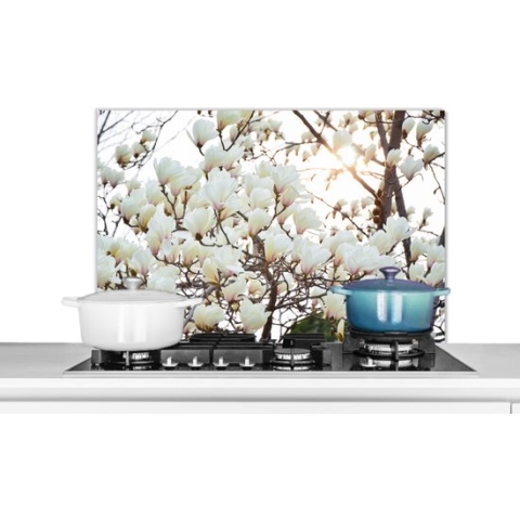 Spatscherm Keuken - Kookplaat Achterwand - Spatwand Fornuis - 80x55 cm - Witte magnolia bloemen in bloei - Aluminium - Wanddecoratie - Muurbeschermer - Hittebestendig