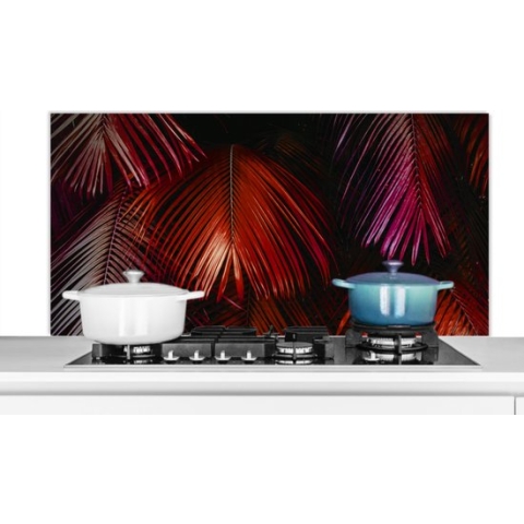 Spatscherm Keuken - Kookplaat Achterwand - Spatwand Fornuis - 120x60 cm - Jungle - Bladeren - Rood - Aluminium - Wanddecoratie - Muurbeschermer - Hittebestendig