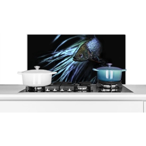 Spatscherm Keuken - Kookplaat Achterwand - Spatwand Fornuis - 80x40 cm - Vis - Staart - Zwart - Aluminium - Wanddecoratie - Muurbeschermer - Hittebestendig