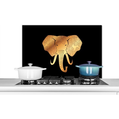 Spatscherm Keuken - Kookplaat Achterwand - Spatwand Fornuis - 80x55 cm - Olifant - Kop - Goud - Patroon - Aluminium - Wanddecoratie - Muurbeschermer - Hittebestendig