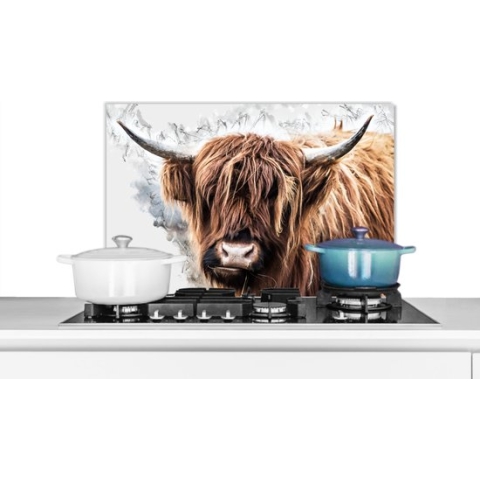 Spatscherm Keuken - Kookplaat Achterwand - Spatwand Fornuis - 60x40 cm - Schotse Hooglander - Koe - Wit - Aluminium - Wanddecoratie - Muurbeschermer - Hittebestendig