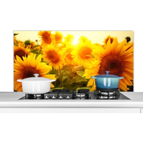Spatscherm Keuken - Kookplaat Achterwand - Spatwand Fornuis - 120x60 cm - Zonnebloem - Geel - Bloemen - Zon - Aluminium - Wanddecoratie - Muurbeschermer - Hittebestendig