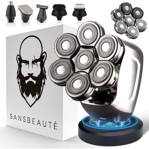 6-in-1 Scheerapparaat Mannen + Extra Scheerkop – Trimmer - Tondeuse - Sansbeauté® SkullSharp PRO - Nat & Droog - Face en Head Shaver – Hoofd Kaal Scheren - Skull Shaver - Draadloos Opladen - Opzetstukken