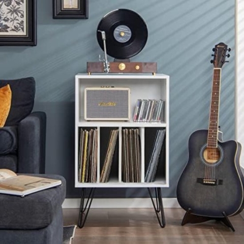 Platenspeler Meubel - Platenspeler Kast - Vinyl Kast - Houten bordenstandaard voor maximaal 150 albums, 53 x 46 x 86,5 cm (wit)