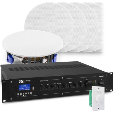 Geluidsinstallatie met Bluetooth, 12x witte inbouw speaker en 100v versterker van Power Dynamics