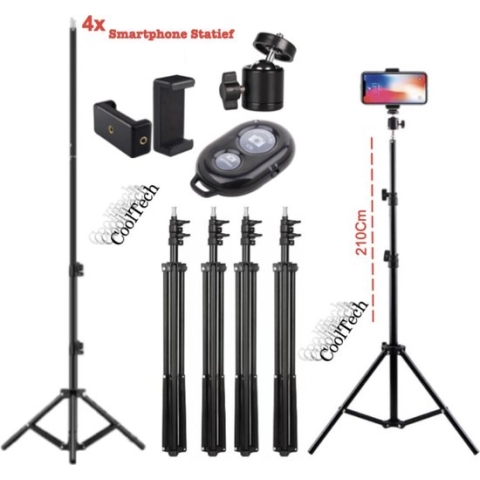 4x Camerastatief 210Cm Voor Fotocamera en Smartphone - iPhone - Canon - Nikon - Spiegelreflexcamera Inc. Bluetooth Remote Shutter, Telefoonhouder, 360 ° Draaigreep horizontaal CoolTech
