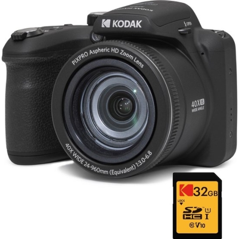 KODAK Pack Bridge Numérique Pixpro Astro Zoom AZ405 + Carte SDHC Kodak Ultra High Speed U1 32GB - Appareil Photo 20 mégapixels, Zoom X40, Grand Angle, LCD, Vidéo Full HD 1080p, OIS, Pile AA - Noir