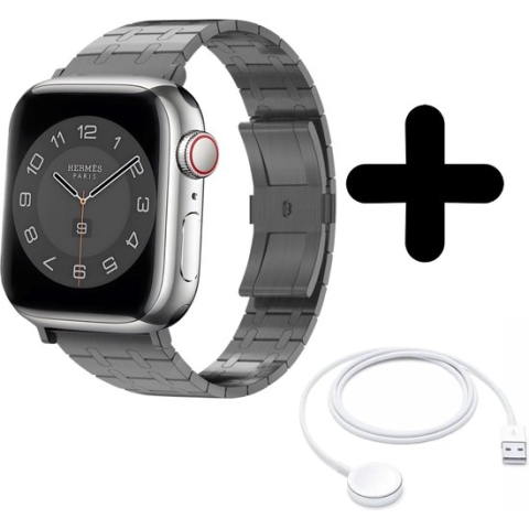 Bandje geschikt voor Geschikt voor Apple Watch bandje premium stalen band (zwart) - Voor modellen: 42/44/45/49mm Incl. Oplader geschikt voor Geschikt voor Apple Watch 1/2/3/4/5/6/7/8/9/Ultra - Oplaadkabel - Kabel