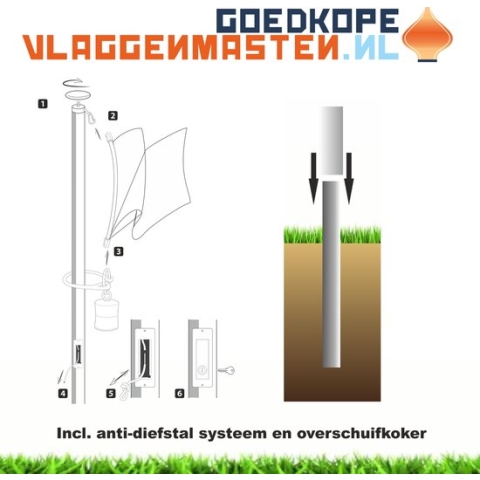 Onderhoudsvrije vlaggenmast anti-diefstal 8 meter aluminium cilindrisch 85 mm grijs geanodiseerd met cilinderslot en contra-gewicht en overschuifkoker- 8508A2B