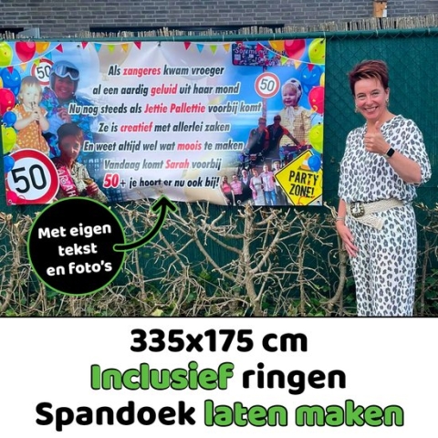 Bouwhek spandoek laten maken 335 x 175 cm | Eigen tekst en foto's | Incl. Ringen | Voor iedere gelegenheid | Verjaardag | Abraham | Sarah | Pensioen | Welkom thuis spandoek