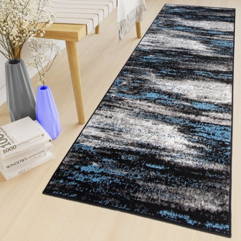 Tapiso Maya Loper Vloerkleed Grijs Zwart Blauw Gang Modern Woonkamer Gang Maat- 70x450