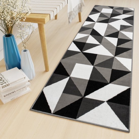 Tapiso Luxury Tapijtloper Grijs Zwart Wit Geometrisch Gang Woonkamer Vloerkleed Maat- 80x950