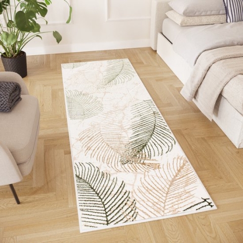 Tapiso Crystal Loper Tapijtloper Beige Bladeren Laagpolig Kleed Vloerkleed Maat- 80x450