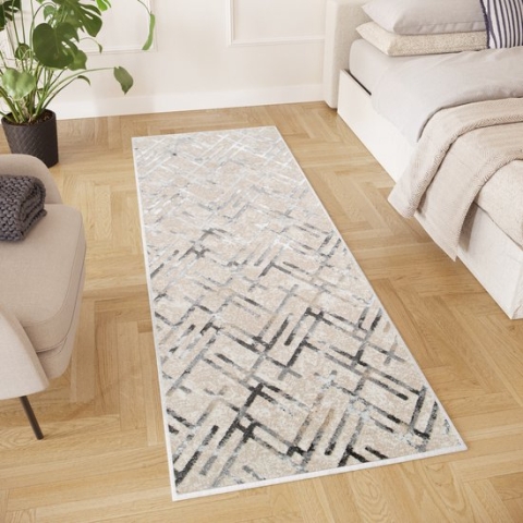 Tapiso Crystal Loper Tapijtloper Beige Grijs Laagpolig Kleed Vloerkleed Maat- 100x250