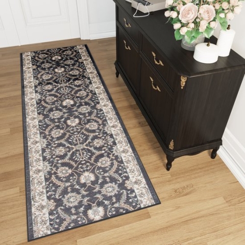 Tapiso Dubai Tapijt Loper Antraciet Bloemenprint Woonkamer Slaapkamer Hal Maat – 100x1250