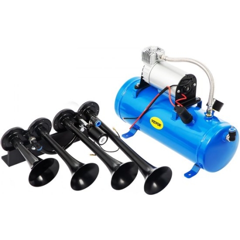Dakta® 12V 150dB luchthoorn luchthoorn vrachtwagenhoorn 4 trompetten scheepshoorn luchtcompressor geschikt voor voertuigen vrachtwagen trein auto bestelwagen boot motorfiets etc. (zwart) luchthoorn luchthoorn vrachtwagen