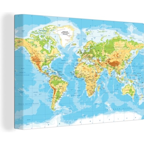 Canvas schilderij - Wereldkaart 120x80 - Kamer decoratie accessoires - Schilderijen wereld kaart woonkamer - World map wanddecoratie slaapkamer - Muurdecoratie keuken - Wanddoek interieur binnen - Woondecoratie huis - Woonaccessoires