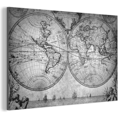 Wanddecoratie Metaal - Aluminium Schilderij Industrieel - Wereldkaart - Antiek - Vintage - Kindje - Jongetje - Meisje - 180x120 cm - Dibond - Foto op aluminium - Industriële muurdecoratie - Voor de woonkamer/slaapkamer