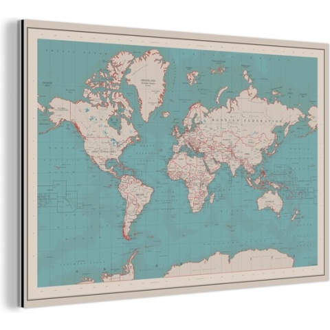 Wanddecoratie Metaal - Aluminium Schilderij Industrieel - Wereldkaart - Vintage - Atlas - Kinderen - Jongens - Meisjes - 150x100 cm - Dibond - Foto op aluminium - Industriële muurdecoratie - Voor de woonkamer/slaapkamer