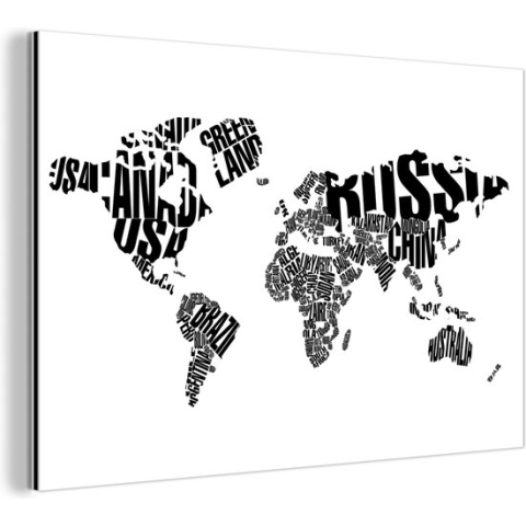 Wanddecoratie Metaal - Aluminium Schilderij Industrieel - Wereldkaart - Zwart - Wit - Woorden - Kind - Jongen - Meisje - 180x120 cm - Dibond - Foto op aluminium - Industriële muurdecoratie - Voor de woonkamer/slaapkamer