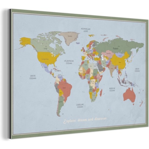 Wanddecoratie Metaal - Aluminium Schilderij Industrieel - Wereldkaart - Kleuren - Quote - Kinderen - Jongens - Meisjes - 150x100 cm - Dibond - Foto op aluminium - Industriële muurdecoratie - Voor de woonkamer/slaapkamer