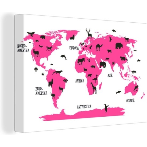 Canvas Wereldkaart - 180x120 - Wanddecoratie Wereldkaart Kinderen - Roze - Dieren