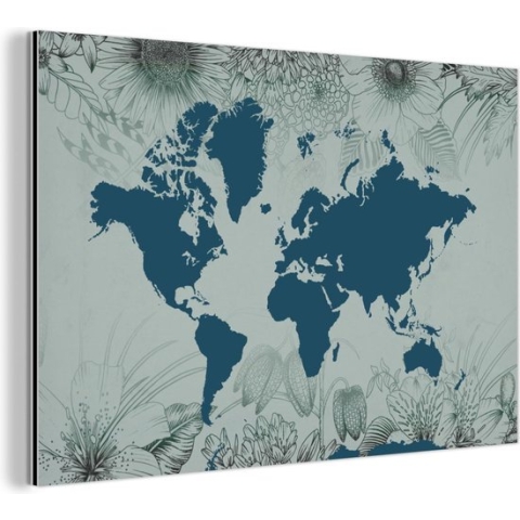 Wanddecoratie Metaal - Aluminium Schilderij Industrieel - Wereldkaart - Grijs - Blauw - 90x60 cm - Dibond - Foto op aluminium - Industriële muurdecoratie - Voor de woonkamer/slaapkamer