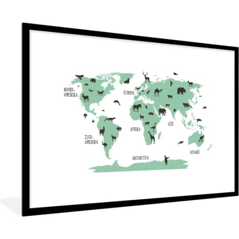 Poster in lijst kinderen - Schilderij kids - Kinderkamer wanddecoratie - Wereldkaart - Kinderen - Dieren - Groen - Kids - Jongen - Meiden - 90x60 cm