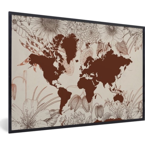 Fotolijst incl. Poster - Wereldkaart - Bloemen - Rood - 90x60 cm - Posterlijst
