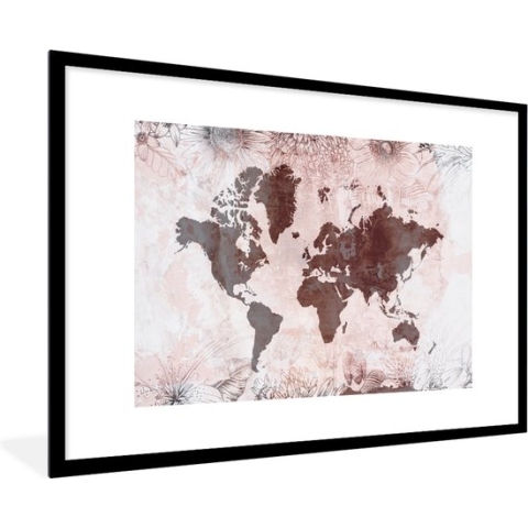 Fotolijst incl. Poster - Wereldkaart - Vintage - Rood - 90x60 cm - Posterlijst