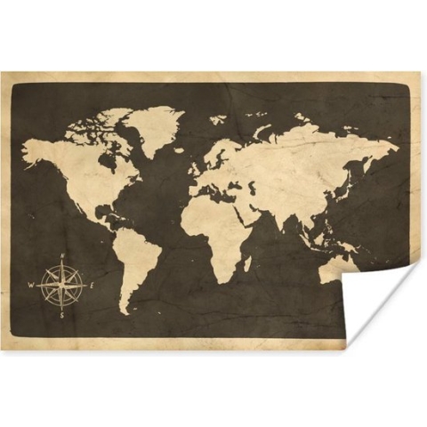 Poster Wereldkaart - Kompasroos - Vintage - 180x120 cm XXL