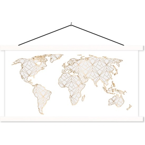 Schoolplaat - Wereldkaart - Lijn - Goud - 150x75 cm - Textielposter Witte latten - Textiel poster