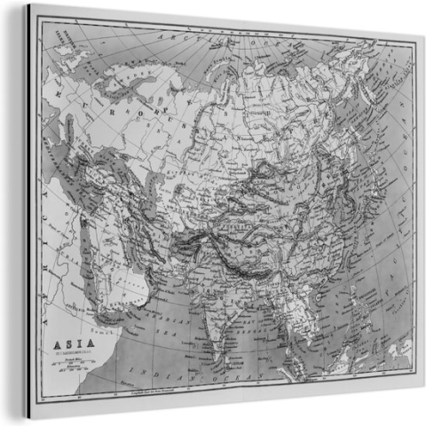 Wanddecoratie Metaal - Aluminium Schilderij Industrieel - Klassieke wereldkaart zwart wit - 80x60 cm - Dibond - Foto op aluminium - Industriële muurdecoratie - Voor de woonkamer/slaapkamer