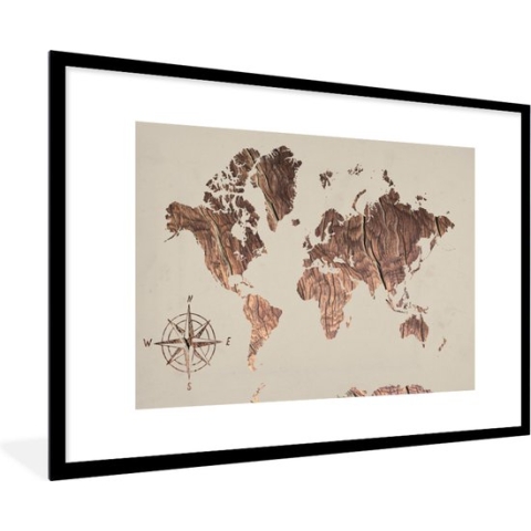 Fotolijst incl. Poster - Wereldkaart - Hout - Windroos - 120x80 cm - Posterlijst