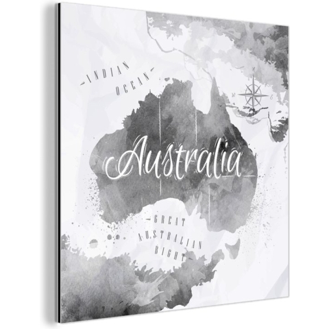 Wanddecoratie Metaal - Aluminium Schilderij Industrieel - Australië - Wereldkaart - Waterverf - 90x90 cm - Dibond - Foto op aluminium - Industriële muurdecoratie - Voor de woonkamer/slaapkamer