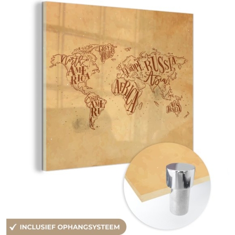 MuchoWow® Glasschilderij - Wereldkaart - Vintage - Papyrus - 90x90 cm - Acrylglas Schilderijen - Foto op Glas