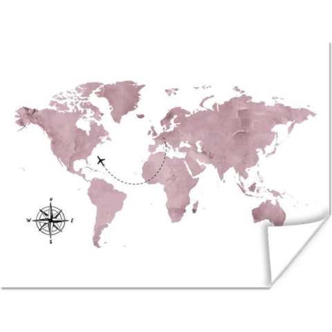 Poster Wereldkaart - Roze - Vliegtuig - 160x120 cm XXL