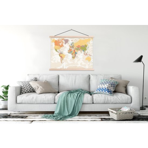 Posterhanger incl. Poster - Schoolplaat - Wereldkaart - Retro - Kleuren - Educatief - Staatkundig - 150x113 cm - Zwarte latten