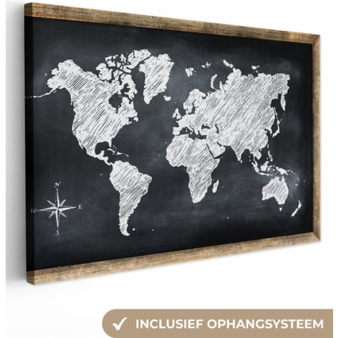 Canvas Wereldkaart - 120x80 - Wanddecoratie Wereldkaart - Schoolbord - Krijt