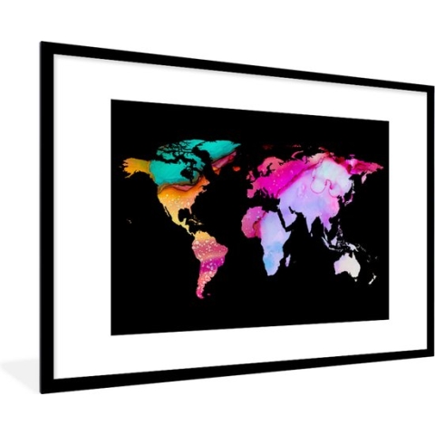 Fotolijst incl. Poster - Wereldkaart - Waterverf - Regenboog - 90x60 cm - Posterlijst